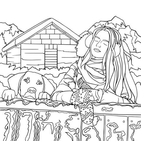 Página de colorear de escena acogedora de invierno: chica y perro mascota al lado de la cabaña de madera