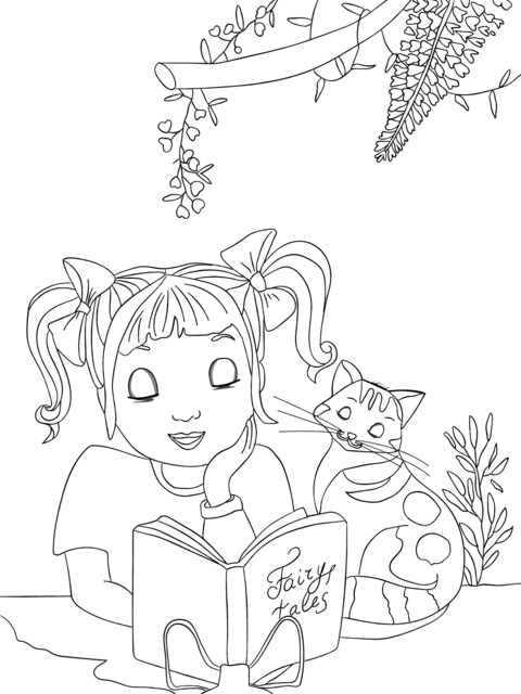 Dibujo para Colorear Conmovedor de una Chica y un Gato Leyendo