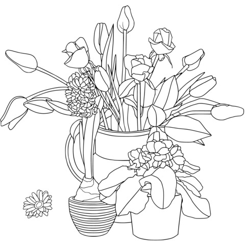 Colorful Flower Coloring Page: Vase and Potted Plants