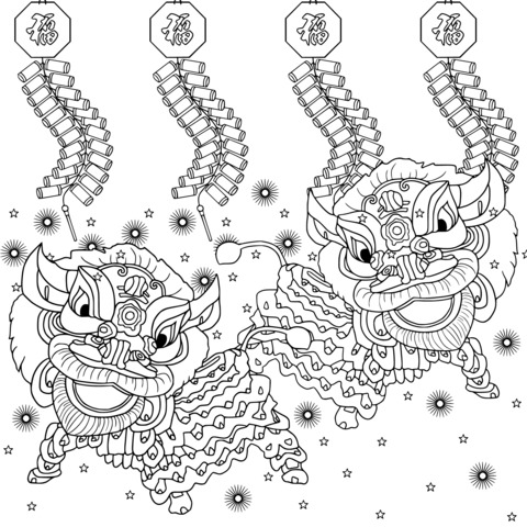 Chinese Traditional Lion - Dance and Firecrackers Coloring Page