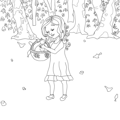 Heartwarming Forest Scene Coloring Page of a Little Girl and a Cat