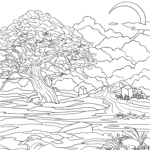 Cherry Blossom under the Moon Coloring Page