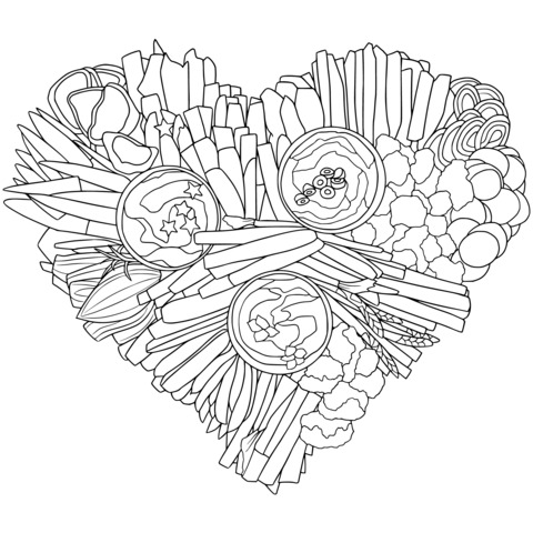 Página de Colorear de Verduras en Forma de Corazón