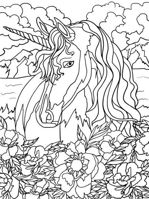 Página de colorear de unicornio soñador y flores