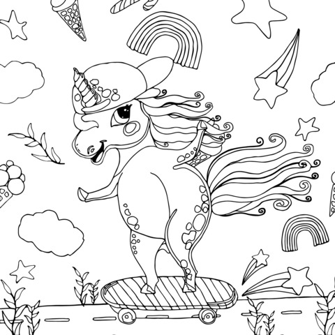 Unicorn Skateboarding Coloring Page