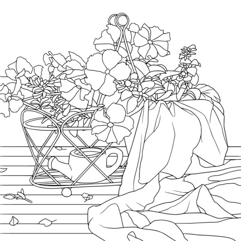 Flower Pot Coloring Page: Purple Flowers and Pot Scene