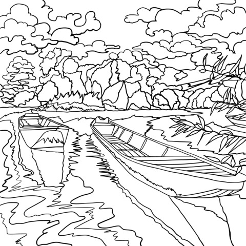 Peaceful River with Boats Coloring Page