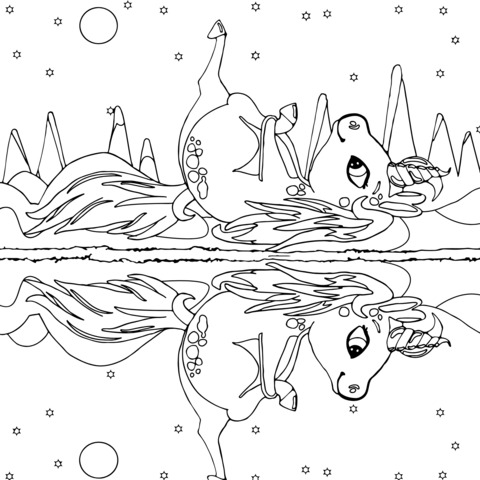 Dibujo para colorear de adorable unicornio acostado en la nieve con reflejo