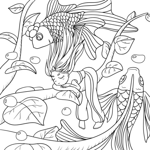 Dreamy Goldfish and Girl Illustration Coloring Page