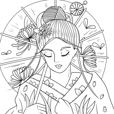 Coloring Page of a Woman in Kimono Holding an Umbrella