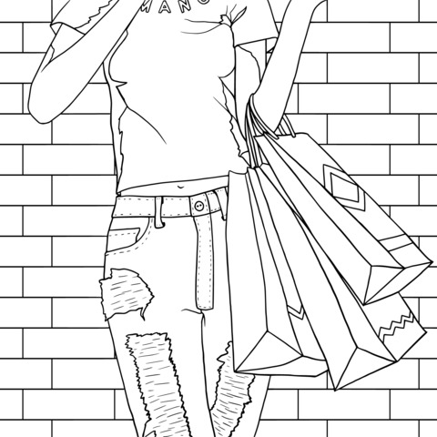 Coloring Page of a Shopping Girl