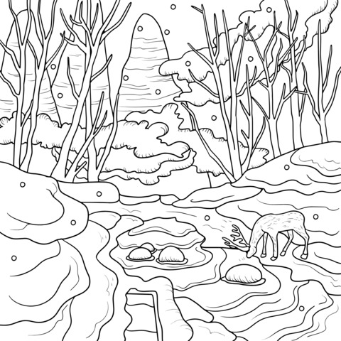 Coloring Page of a Deer by the Stream in Winter