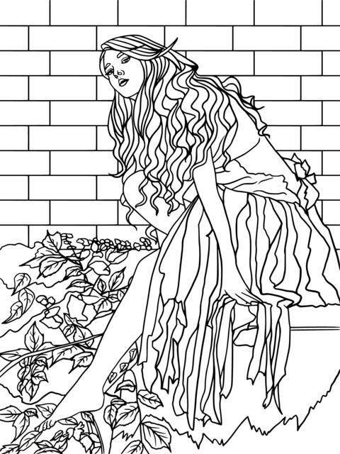 Coloring Page of a Woman with Long Hair and a Blue Dress