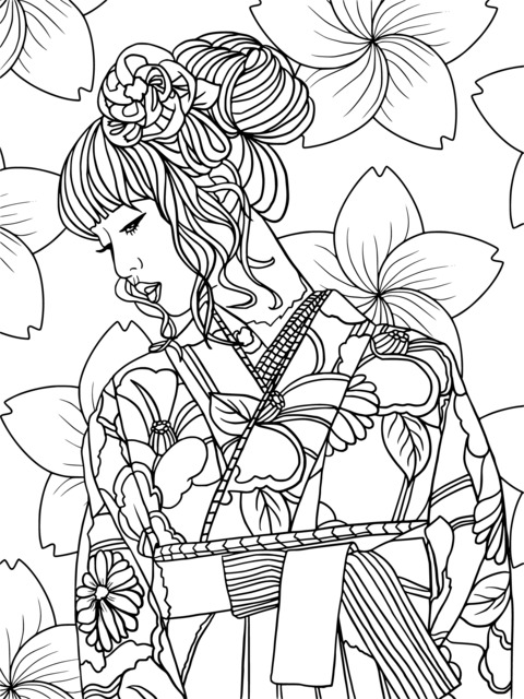 Coloring Page of a Woman in Kimono