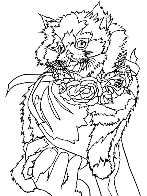 Coloring Page of a Cat Holding Flowers