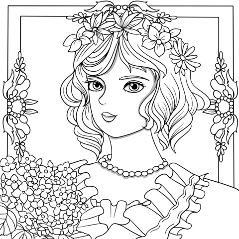 Página para colorir de uma senhora com coroa de flores e um buquê