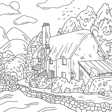 Rural Cottage Landscape Coloring Page