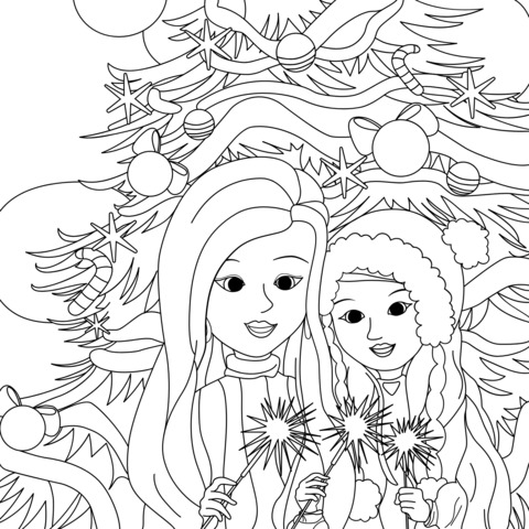 Sisters under the Christmas Tree: Happy New Year Coloring Page