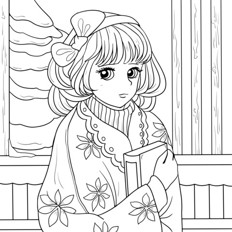 Coloring Page of a Girl Reading in Winter