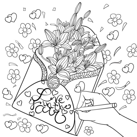 Hand - drawn Love Envelope and Flowers Coloring Page