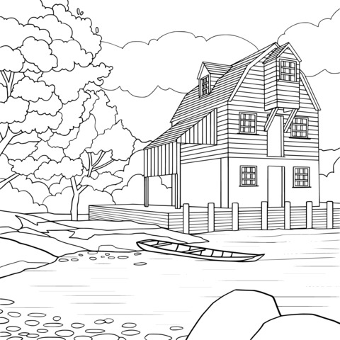 Autumn Lakeside Cottage Coloring Page