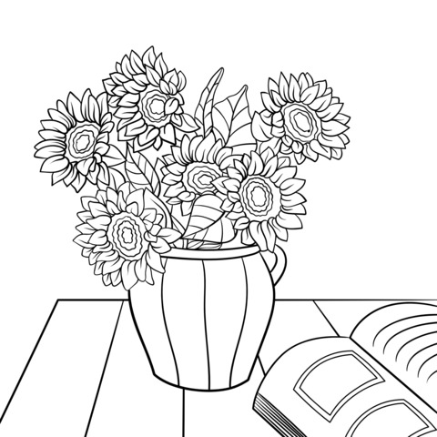 Sunflowers in a Vase and a Book on the Table