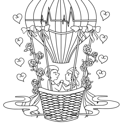 Romantic Hot - Air Balloon Couple Coloring Page