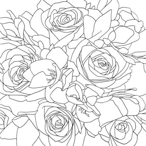 Colorful Flower Coloring Page: Multicolored Roses and Bouquet