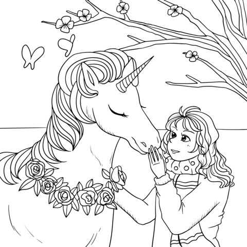 Heartwarming Interaction between a Girl and a Unicorn Coloring Page