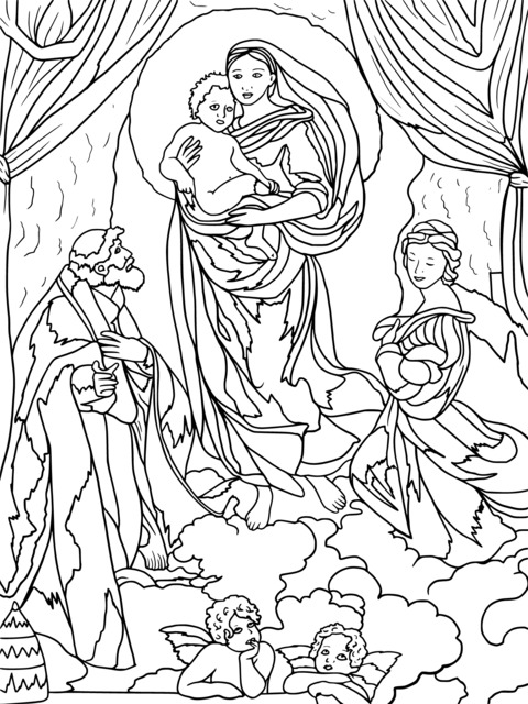 Religious - themed Coloring Page: The Virgin Mary Holding the Baby and the People Beside Her