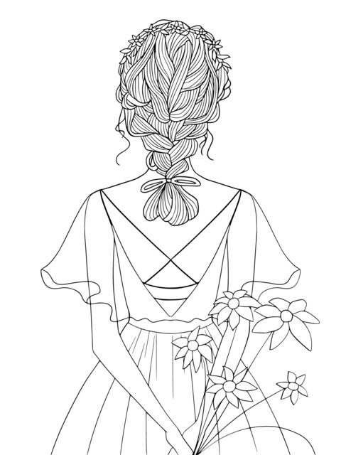 Coloring Page of a Girl with a Flower - filled Back View