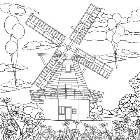 Coloring Page of Windmill and Flowers