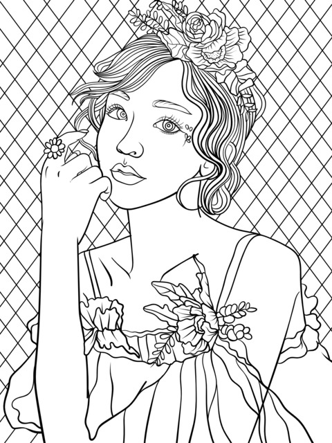 Beautiful Flower - adorned Girl Coloring Page