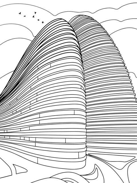 Página de Colorear de Arquitectura Moderna: Torres Gemelas Únicas