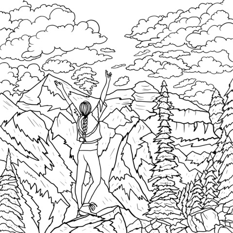 Coloring Page of a Woman Cheering on a Mountain Peak