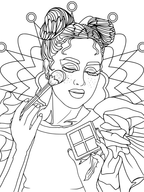 Beauty - themed Coloring Page: Illustration of a Woman Doing Makeup