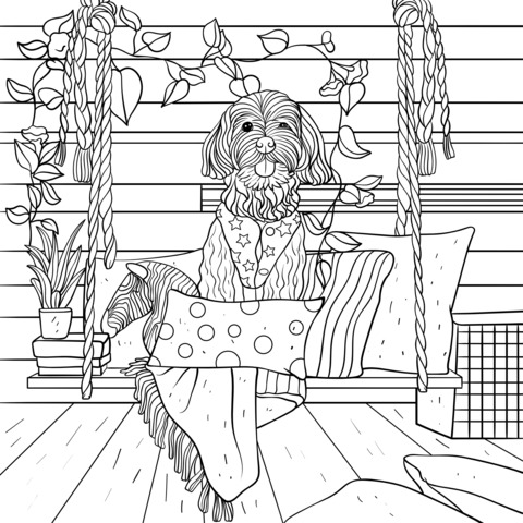 Coloring Page of a Cute Dog Sitting on a Swing