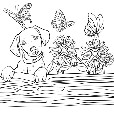 Adorable Puppy with Butterflies and Flowers Coloring Page