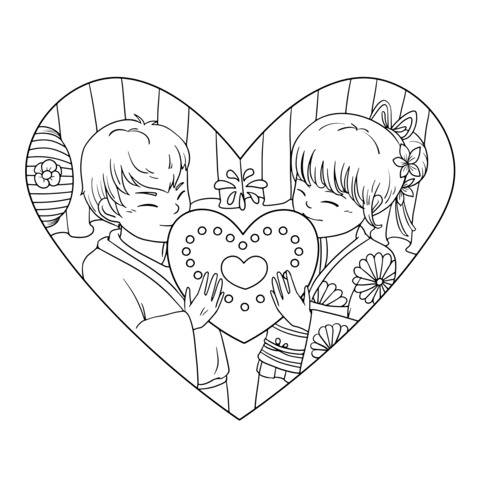 Japanese - style Couples' Heart - shaped Coloring Page