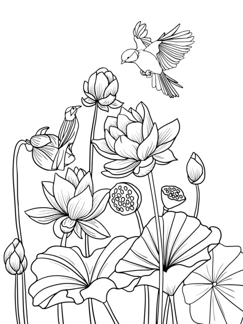 Lotus and Birds Coloring Page