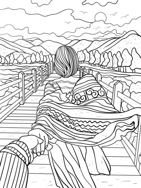 Romantic Hand - in - Hand Walk Landscape Coloring Page