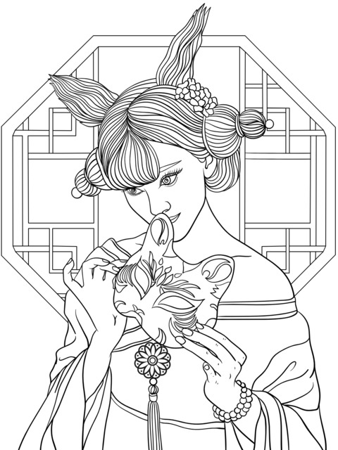 Coloring Page of an Ancient - style Woman Holding a Mask