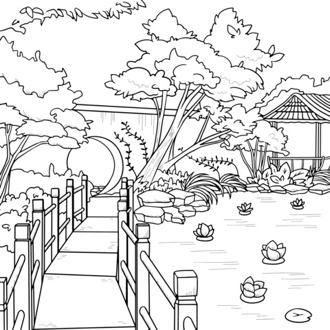 Chinese Garden Landscape Coloring Page