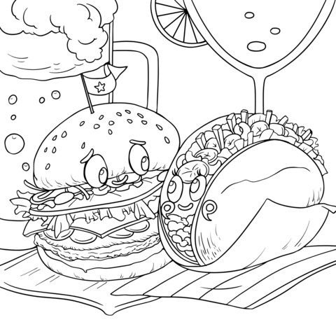 Fun Coloring Page of a Burger and a Taco