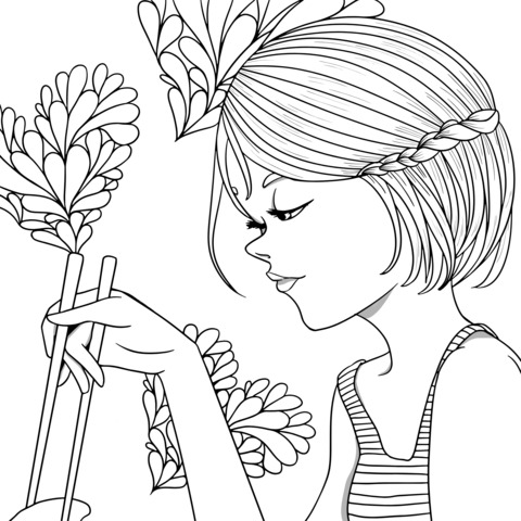 Coloring Page Illustration of a Girl Holding Flowers