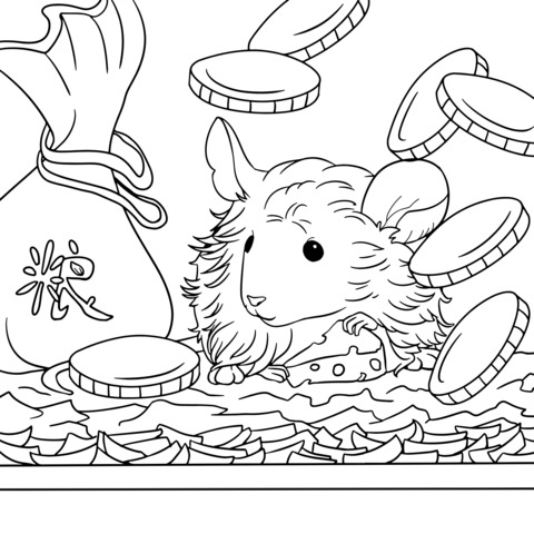 Coloring Page of a Little Mouse with Coins and Cheese