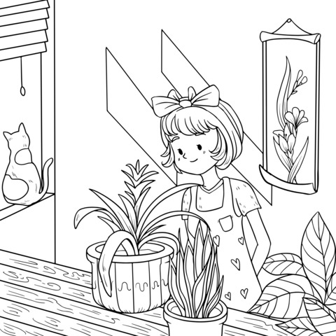 Página para colorear: Una escena acogedora de una chica y plantas