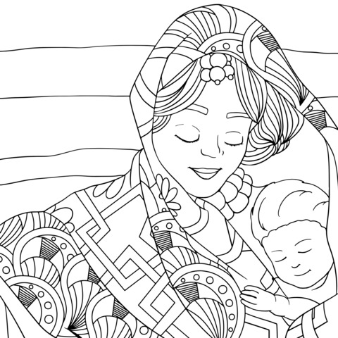 African - style Woman Holding a Baby Coloring Page