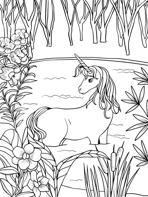 Coloring Page of a Unicorn by the Stream