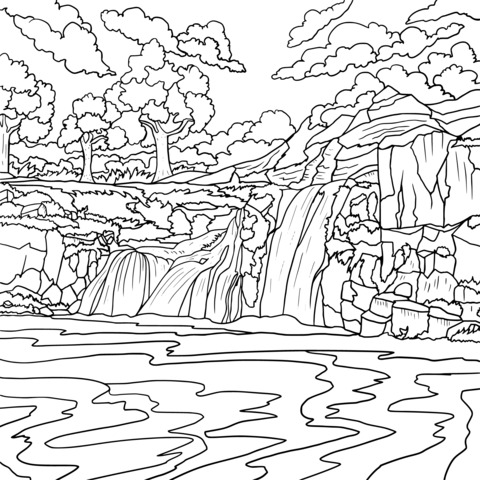 Beautiful Waterfall Landscape Coloring Page